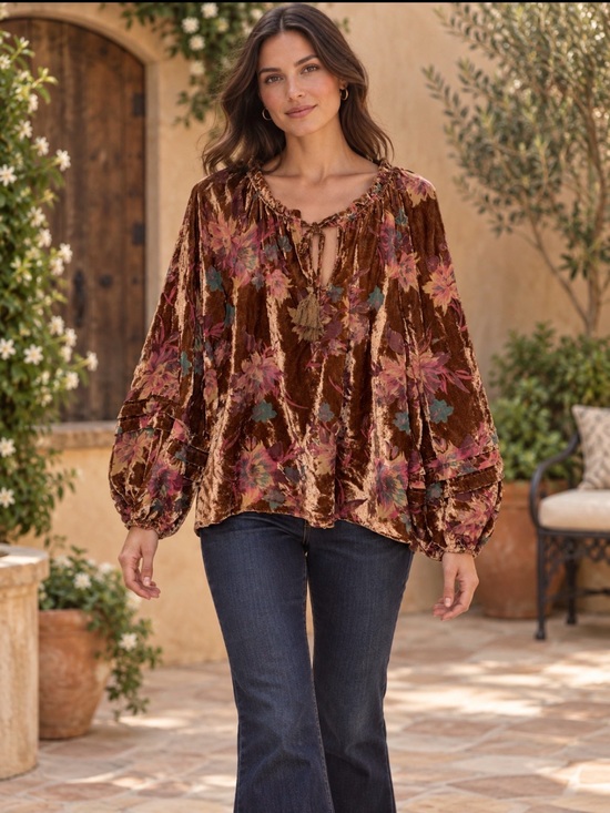 Fate Tops - Fate Brown Velvet Floral boho sheer Tie-Neck Peasant Blouse